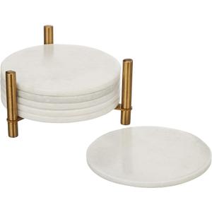 Queenza Marble Coasters for Drinks, Natural Stone Coasters Set for Coffee Table, Bar, Dining & Home Decor, Set of 6 Sleek 3.5-Inch, 5 mm Thick Tiles with Metal Holder, Polished from Both Sides