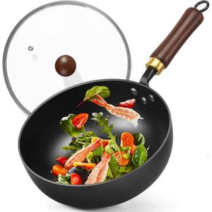 Carbon Steel Wok, 9.5" Bi-Thickness Authentic Chinese Woks & Stir-Fry Pans, Saute Pan with Lid, Deep Fry Pan Flat Bottom Small Wok for 1-2 Servings