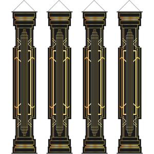 4 Pcs Roaring 20s Party Decorations Black and Gold Column Door Porch Banner 1920s Hanging Banner Speakeasy Awards Wedding Decorations Supplies