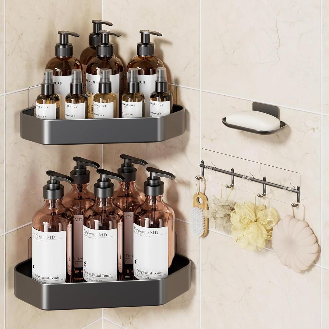 Veken Aluminum Corner Shower Caddy 4-Pack, Never Rust, No Drilling Adhesive Shelves, Stainless Rack with Soap Holder, Large Capacity Bathroom Organizers and Storage, Wall-Mounted Kitchen & Home Decor