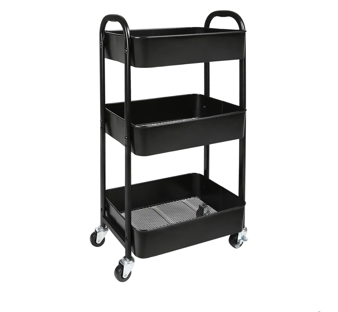 johgee Foldable 3 Tier Metal Utility Rolling Cart, Folding Mobile MultiFunction Storage Trolley Organizer Cart for Home Library Office(Black)