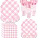 175 Pcs Pink Scalloped Gingham Party Supplies for 25 Guests, Pink and White Checkered Paper Plates, Cups and Napkins Sets for Baby & Bridal Shower, Wedding, Birthday Party, Outdoor Picnic