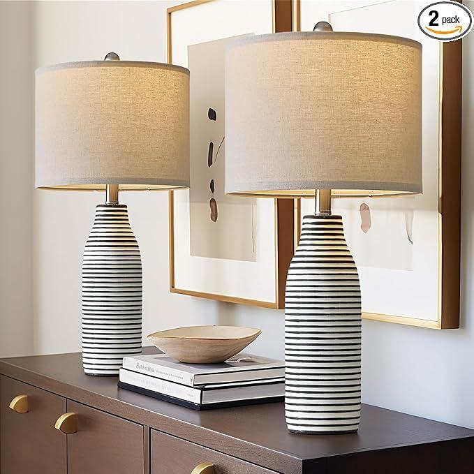 PORTRES 25" Ceramic Table Lamps Set of 2 Beside Lamps for Living Room Modern Bedroom Lamps for Night Stands with Rotary Switch Black and White Stripes