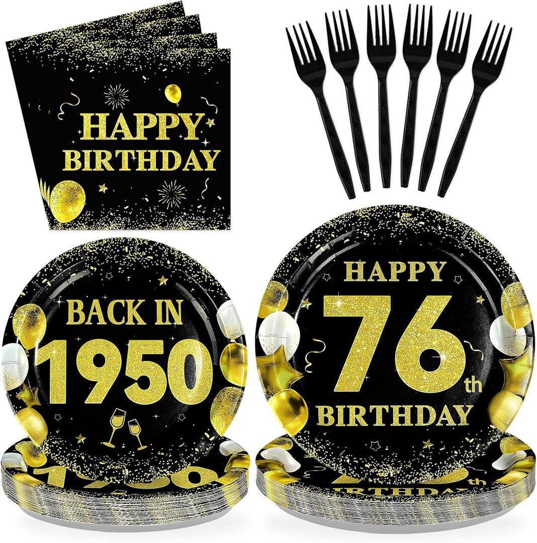 96Pcs 76th Birthday Decorations for Men Women Black Gold 76th Birthday Party Plates Back In 1950 Disposable 76 Paper Tableware Set for Happy 76 Year Old Party Supplies Serves 24