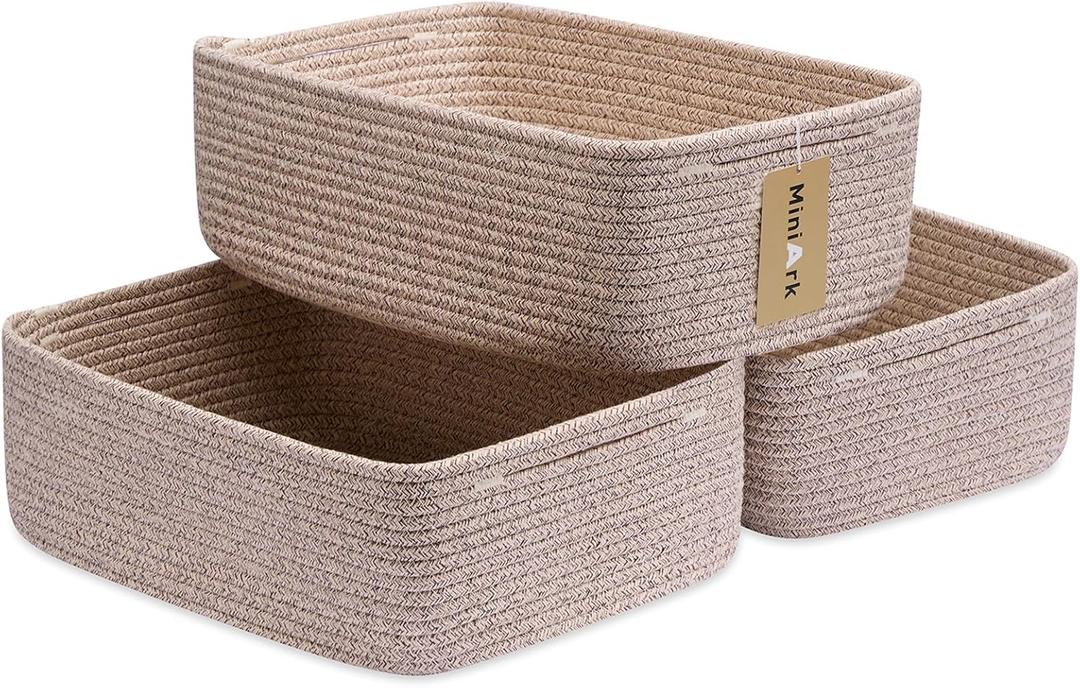MiniArk Large Shallow Organizing Baskets 15x11x5.1 Inches - Rope Woven Storage Bins for Bathroom, Shelves, Cube Closet, Mixed Brown 3 Packs (Natural)