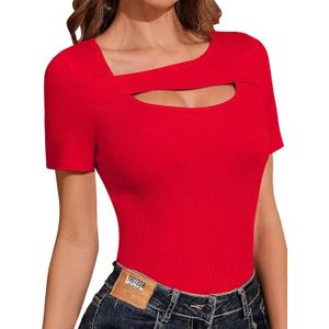 Long Sleeve Shirts Women Ribbed One Piece Cutout Tops Fashion Slim Fitted Clothes (Medium)