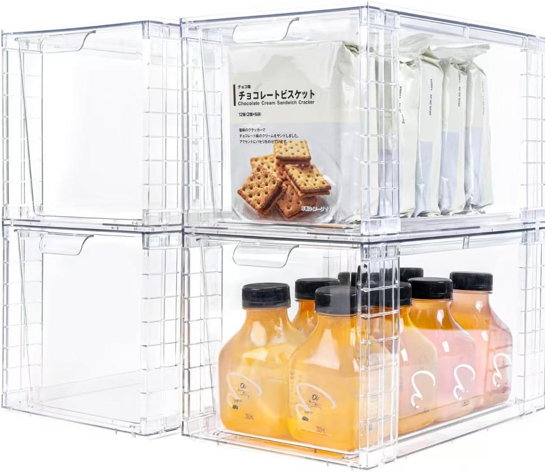 4-Pack Large Stackable Storage Drawers, Clear Acrylic Organizers with Handle, Easily Assemble for Kitchen Under-sink, Bathroom, Cabinet, Makeup, Closet, Medicine, Pantry Organization Bins