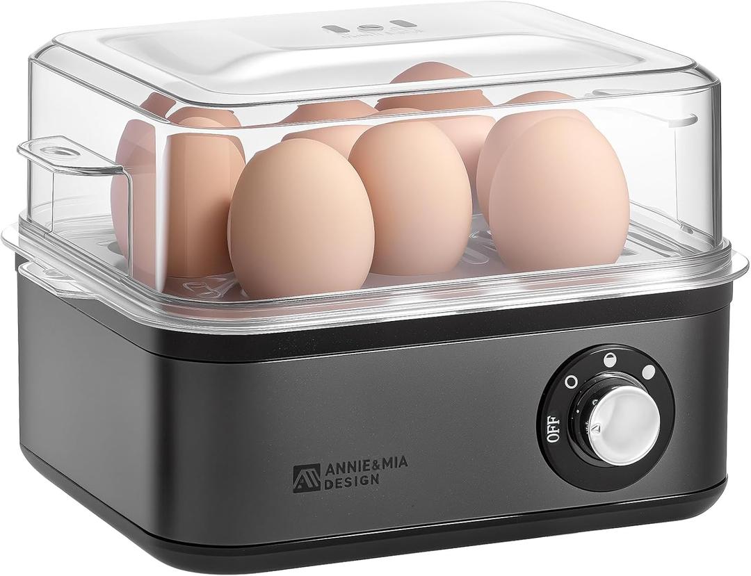 Annie & Mia Design Stainless Steel Electric Rapid Egg Cooker, 8 Egg Capacity 500W, Soft/Medium/Hard Boiled Egg Boiler Poacher Steamer Omelet Maker, Knob Auto Shut-Off, with Recipe Guide Book (Black)