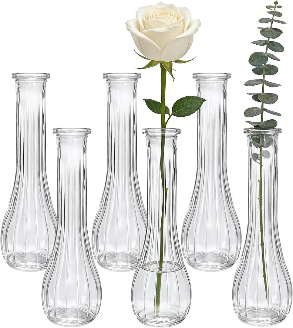 Glass Bud Vases for Centerpieces, 6 Pack Clear Small Flower Vases for Wedding Decorations and Indoor Home Decor, Hurricane Candle Holder for Table Shelf, Party