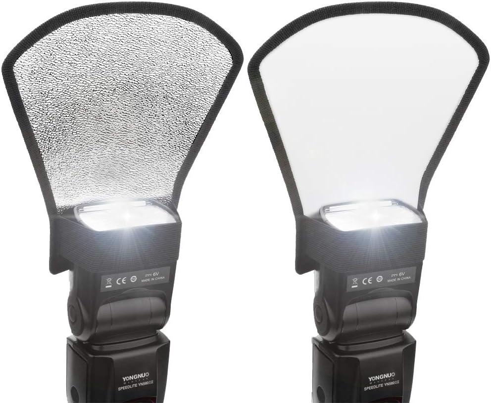 2 Pack Flash Diffuser Reflector - 2-Sided White/Silver Bend Bounce Flash Reflector Kit with Elastic Strap for Canon, Nikon, Sony, Fuji and All Speedlight Flashes