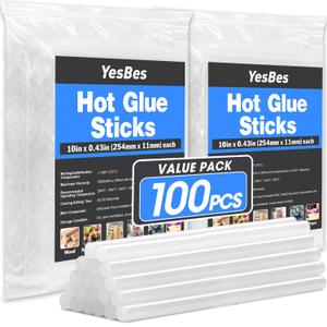 100 Pack Hot Glue Sticks, Full Size 10" Long x 0.43" Diameter Glue Sticks, Widely Used in Wood, Metal, Glass, Plastic, Floral, Fabric, Leather, Foam, and More, Clear