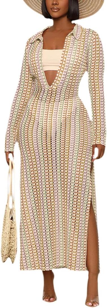 YouSexy Women's Sexy Swimsuit Maxi Dress Long Sleeve Hollow Out Long Beach Cover Up Dress (Medium, Multicolor Yellow)