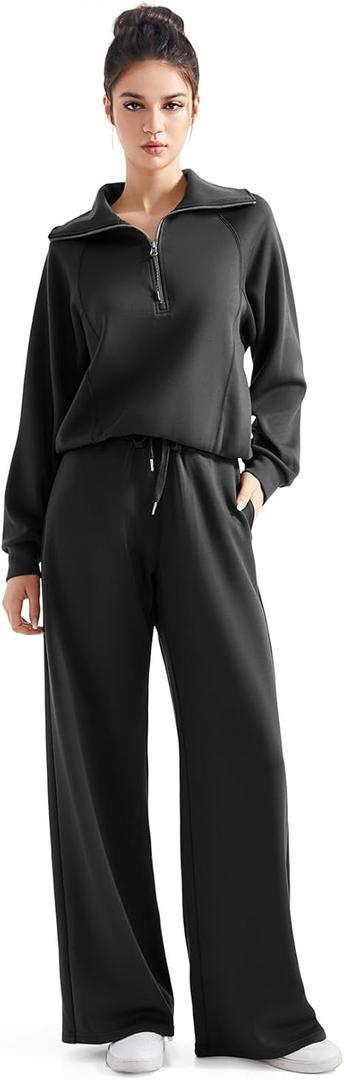 SUUKSESS Women 2 Piece Lounge Matching Set Wide Leg Sweatpan Half Zip Sweatshirt Black Medium