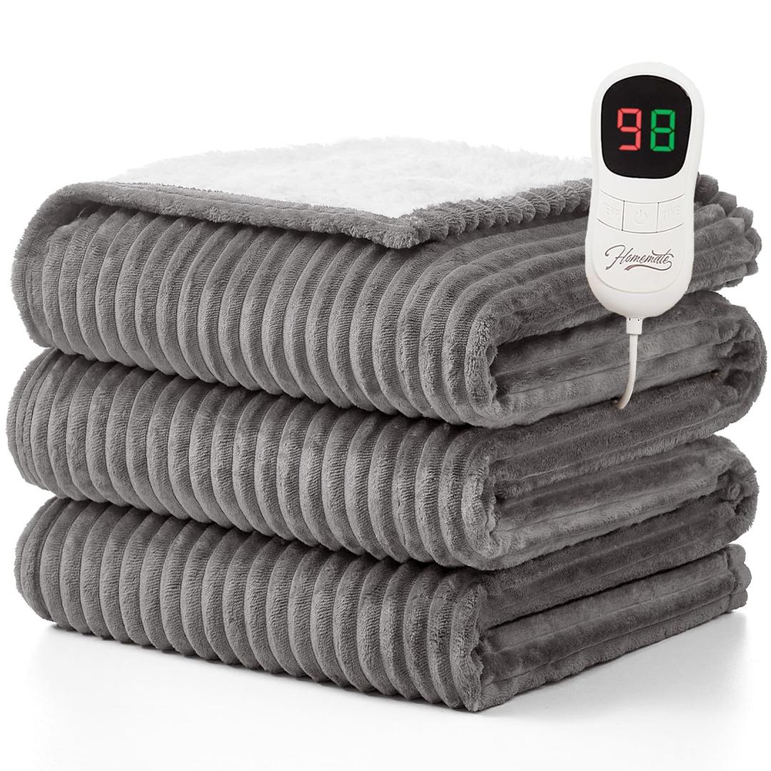 Homemate Heated Blanket Electric Throw - 50"x60" Heating Blanket Throw 1/2/4/6/8 Hours Auto-Off 10 Heat Levels Over-Heat Protection Soft Flannel Sherpa Heater ETL Certification
