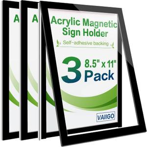8.5" x 11" Acrylic Sign Holder Wall Mount, Self-Adhesive Magnetic Display Frame with Nano Tape and Strong Magnetic Border for Wall, Door, Glass, Home, Store, Office (Black, 3Pack)