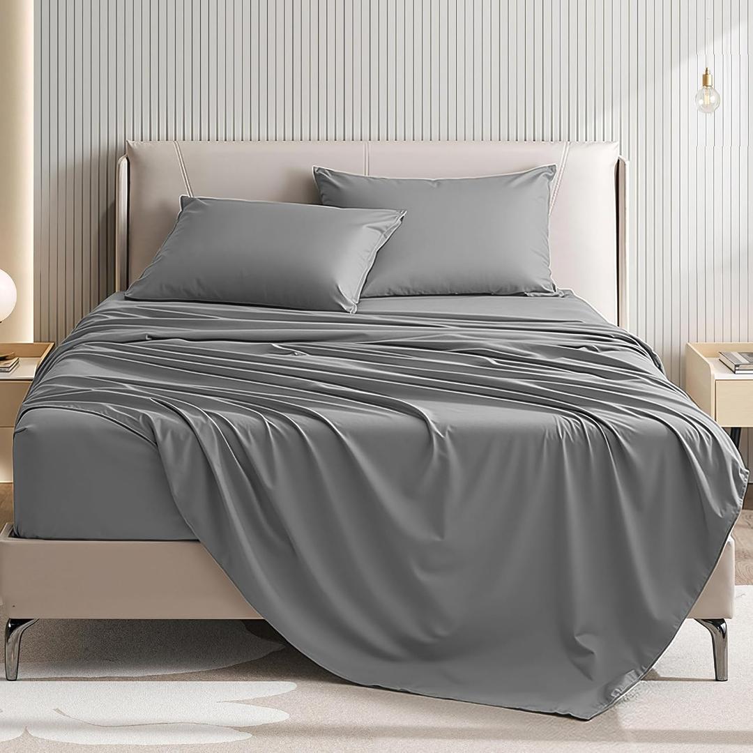 Queen Size 4 Piece Sheet Set - Comfy Breathable & Cooling Bed Sheets Set, Soft and Wrinkle Free, Deep Pockets, Easy & Secure Fit, Hotel Luxury Bedding for Women, Men - Oeko-Tex - Dark Grey