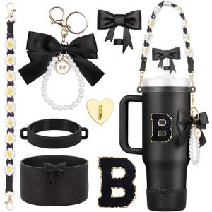 7Pcs Black Stanley Cup Accessories for 40Oz 30Oz 20Oz, Women Teen Girls Gifts, Stanley Tumbler Cup Decoration with Straw Topper, Bow Charm, Silicone Boot, Handle Strap, Letter Sticker B