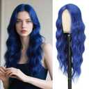 Dark Blue Wig 26 Inch Long Wavy Wig for Women - Heat Resistant Synthetic Hair Middle Part Curly Wig Natural Look for Daily Party Cosplay Costume Use