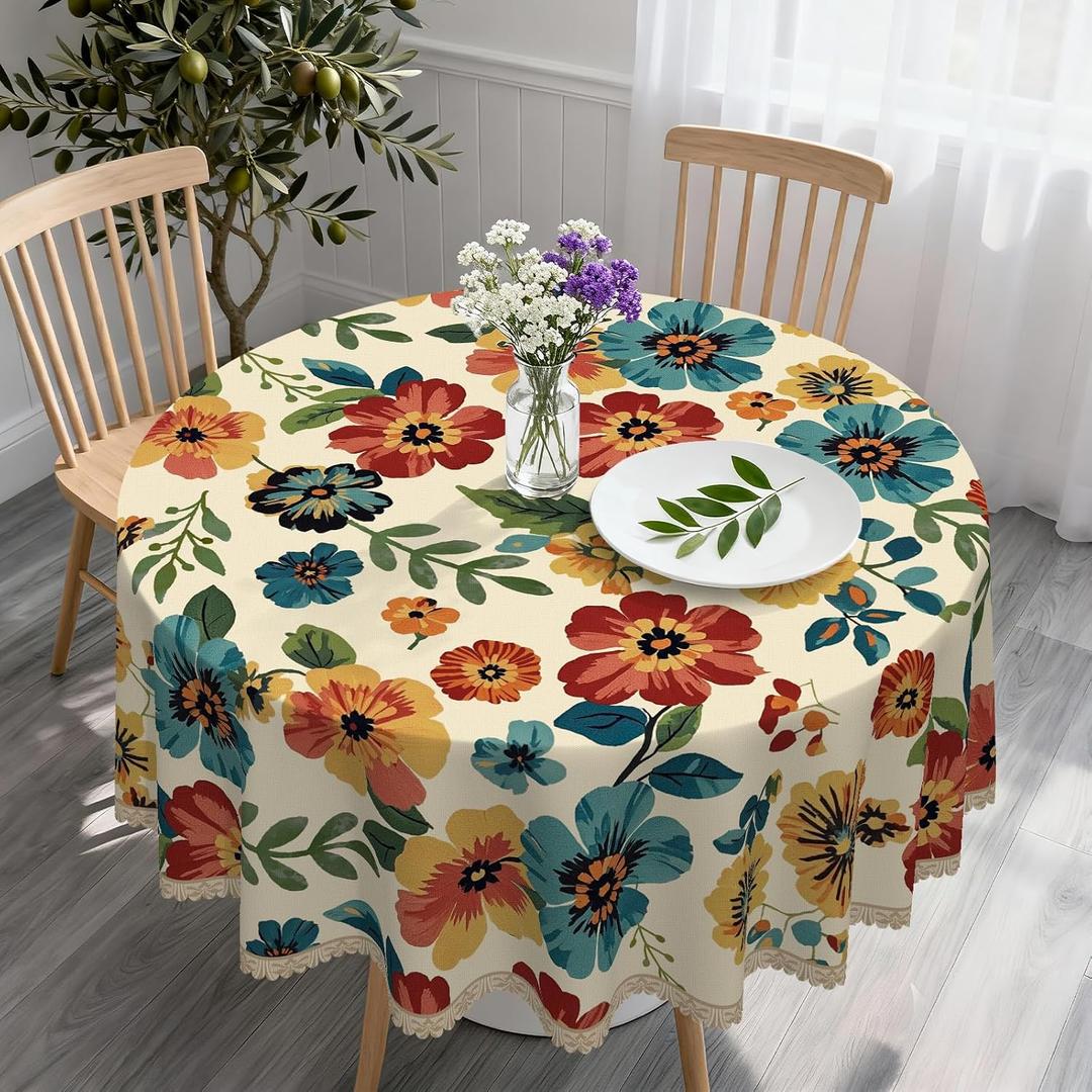 Eikione 70In Round Tablecloths Stain Resistant Tablecloth Wrinkle Free Circle Table Clothes, Washable Reusable Polyester Table Covers(Flower 70In)