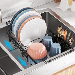 iSPECLE Expandable in Sink Dish Drying Rack - Adjustable Capacity (12.4''-17.1''L) Over The Sink Dish Drainer Drying Rack for Kitchen Counter and Sink, Dish Rack with Utensil Holder, Black (Medium)