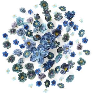 Floroom Mini Artificial Flower Heads Dusty & Navy Blue Fake Peony Daisy Rose Multicolor Small Faux Silk Flower Heads for Cake Craft Garland Wedding Party Graduation Cap DIY Home Decoration, 0.8"-3.6"