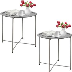 Garden 4 you Folding Tray Metal Side Table 2PC Grey Round End Table Cyan Sofa Small Accent Fold-able Table, Round End Table Tray, Next to Sofa Table, Snack Table for Living Room and Bed Room