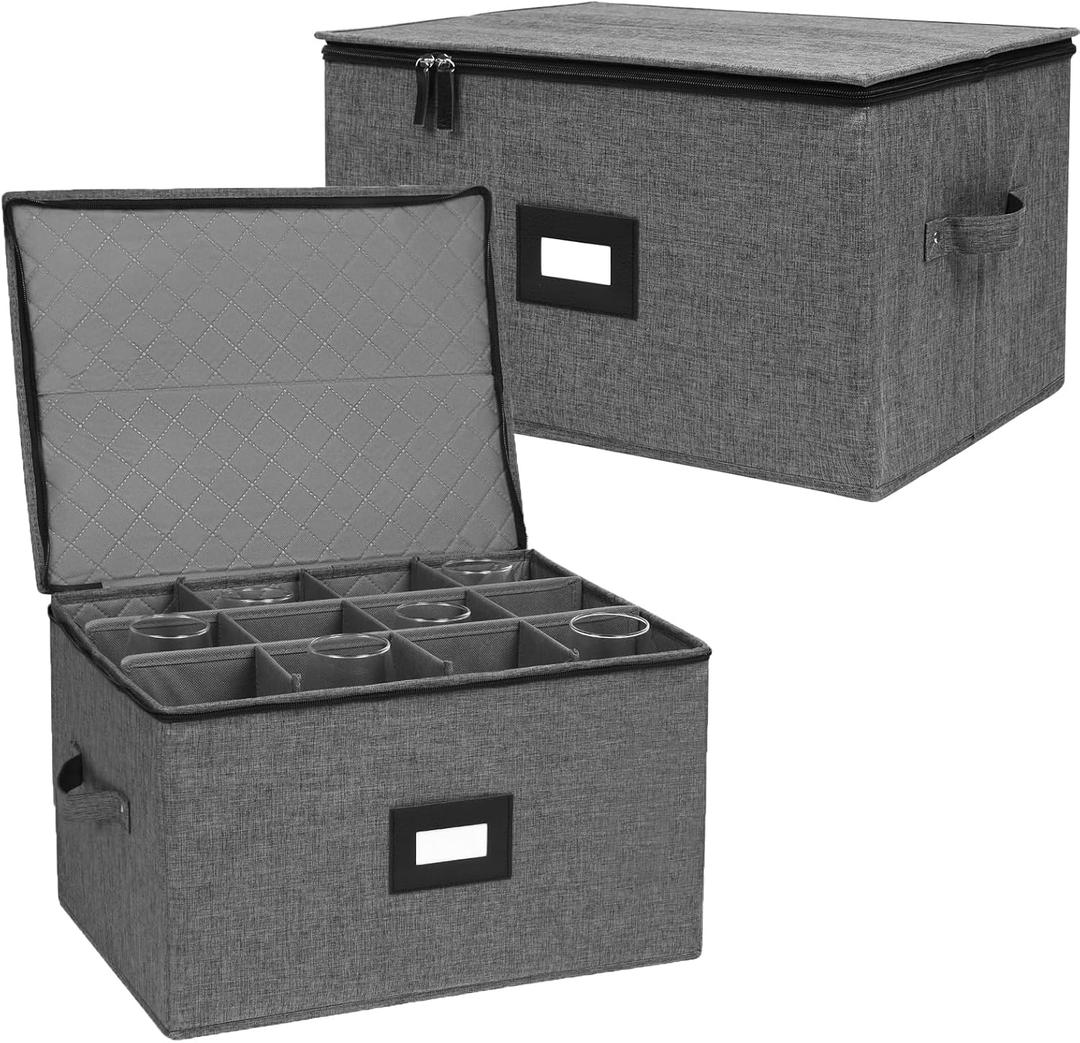 Wine Glass Storage Box 2 Pack, Hard Top Stemware Storage Cases Containers , Stackable Crystal Glass Storage Containers for 24 Glassware Drinkware, with Handles for Moving/Home, 17"x13"x10" Black