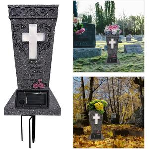 Solar Cemetery Vase with LED Cross Lamp Memorial Flower Holder with Spike Headstones Vases Gravestone Garden Decorations Condolence Gifts for Loss of Loved One