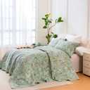 Sanracie Oversized King Bedspread(120"x120"),100% Cotton Green Floral Quilt Set 3Pcs Soft Lightweight Flower Bird Butterfly Print Botanical Oversized King Quilt Bedding Coverlet for All Seasons