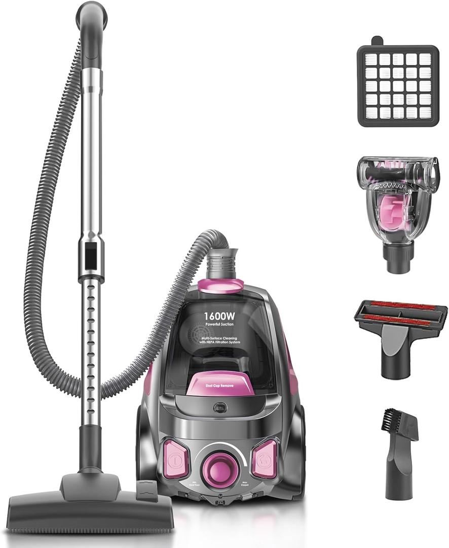 Canister Vacuum Cleaner, 32Kpa 1600W Cyclon Power, Dust Full Indicator, Double HEPA Filters, 3.7Qt Large Capacity, Lightweight Vac for Hard Floors, Carpets, Pet Hair, Pink