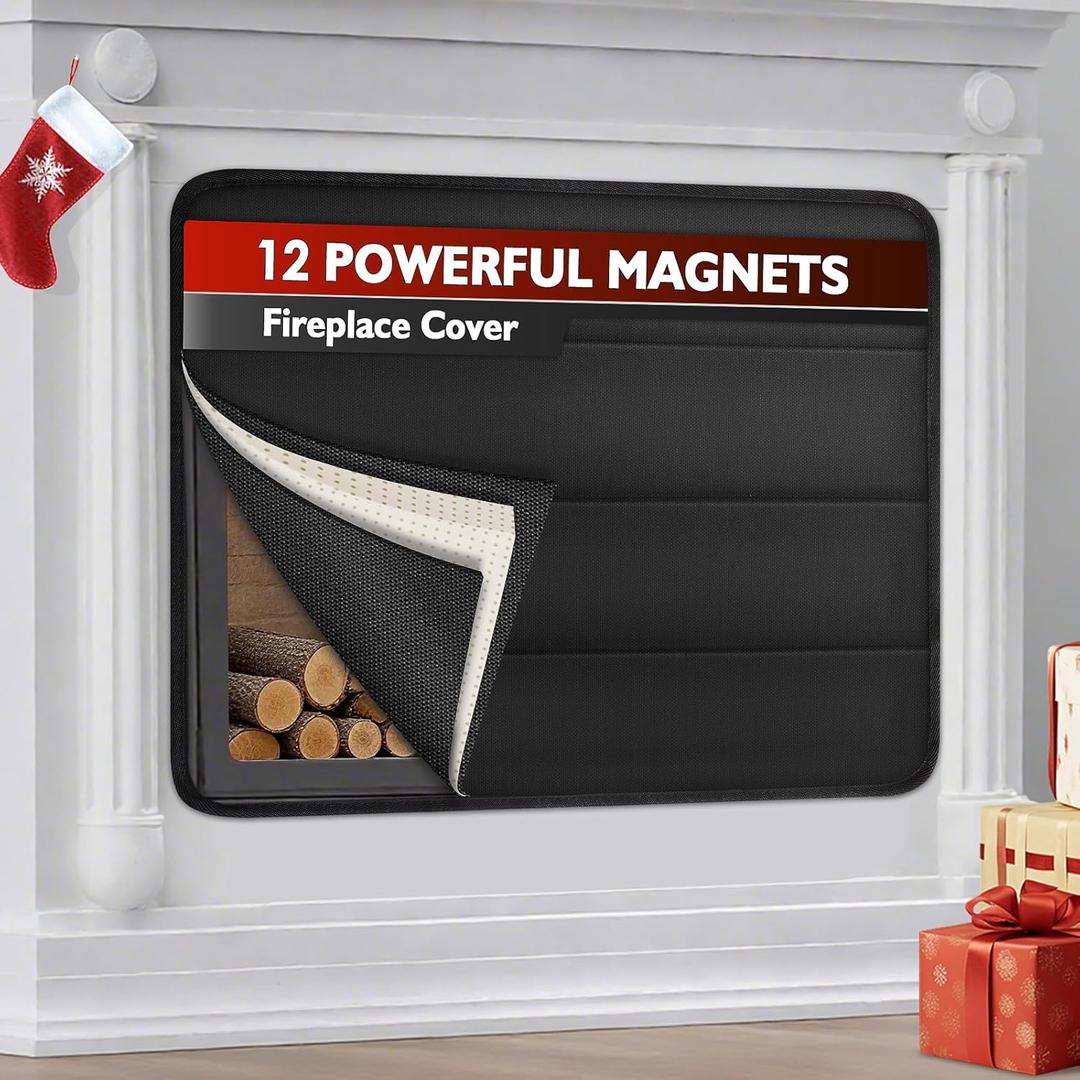 Magnetic Fireplace Cover Indoor to Block Cold Air Reduce Energy Costs, Fireplace Blanket Draft Stopper with Built-in 12 Strong Magnet for Iron Frame 33" W x 29" H, Black