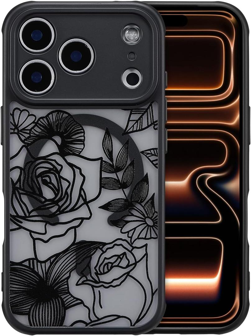 XIZYO Magnetic Case for iPhone 17 Pro Floral Rose Cute Phone Case [Compatible with Magsafe] for Women Girls Aesthetic Pattern Slim TPU Shockproof Bumper Cover, Black