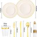 YOUBET 350PCS Ivory Scalloped Plastic Plates - Ivory and Gold Disposable Dinnerware Set Include 100 Plates, 150 Gold Silverware, 50 Cups, 50 Napkins for Wedding & Party