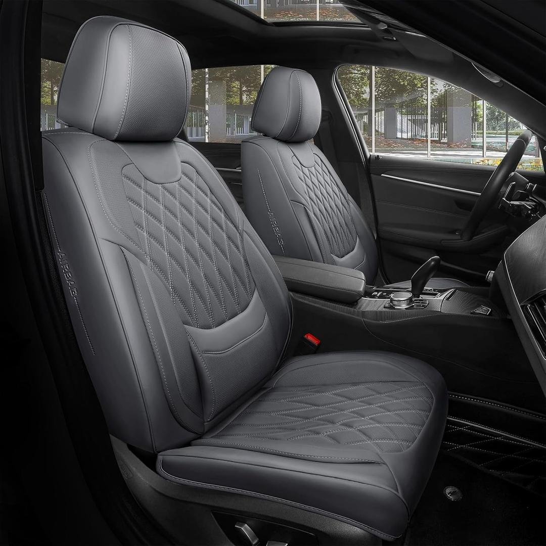 FREESOO Gray Car Seat Cover Full Set - Faux Nappa Leather Seat Covers for Cars, Luxury Breathable Waterproof Front Seats Cushion Protectors with Lumbar Support, Universal Fit for Sedans SUVs Pickups