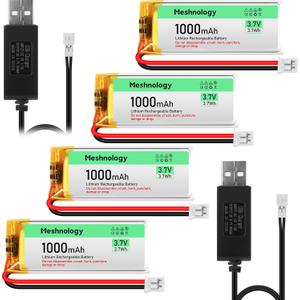 4PCS 3.7V 1000mAh Li Battery with USB Charger Cable 102050 1S LiPo Battery with Protection Board Insulated Rubber Tape and Micro JST 2.0 Plug for Electronic Device