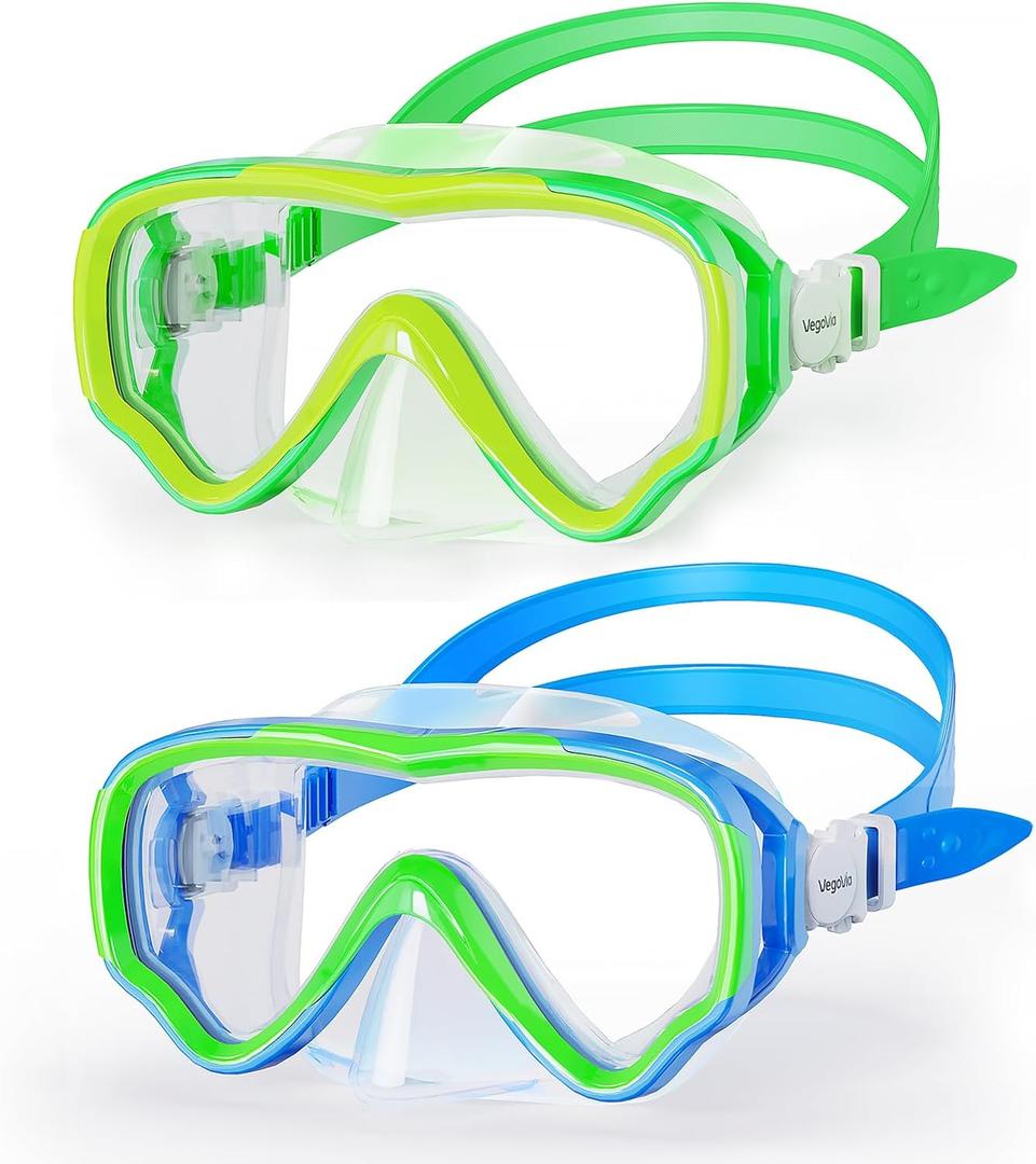Kids Swim Goggles with Nose Cover, Anti Fog Wide View Clear Swim Mask for Kids Youth 3-15, Anti-Shattered No-leak (E-Blue & Green (2 pack))