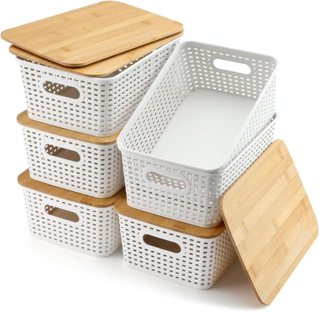 AREYZIN Storage Bins with Bamboo Lids Set of 6 Lidded Storage Container Plastic Baskets Organizer Bins for Organizing Kitchen Room Bedroom Office Closet, Sturdy, (White)
