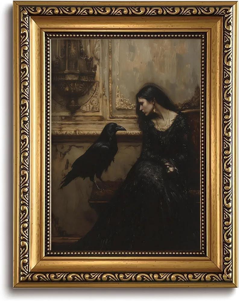 Mrysuart Vintage Gold Framed Wall Art Dark Academia Canvas Prints Gothic Cottagecore Pictures Wall Decor Victorian Lady Raven Paintings Artwork for Living Room Bedroom 8x10in