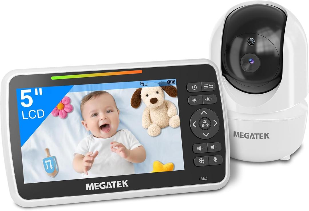 MEGATEK BabyView Video Baby Monitor with Camera and Audio, 5 Screen, Pan-Tilt-Zoom, No-WiFi 2.4GHz Wireless, 30-Hour Battery, Night Vision, 2-Way Talk, VOX, Lullabies, Timer, Temperature Alerts