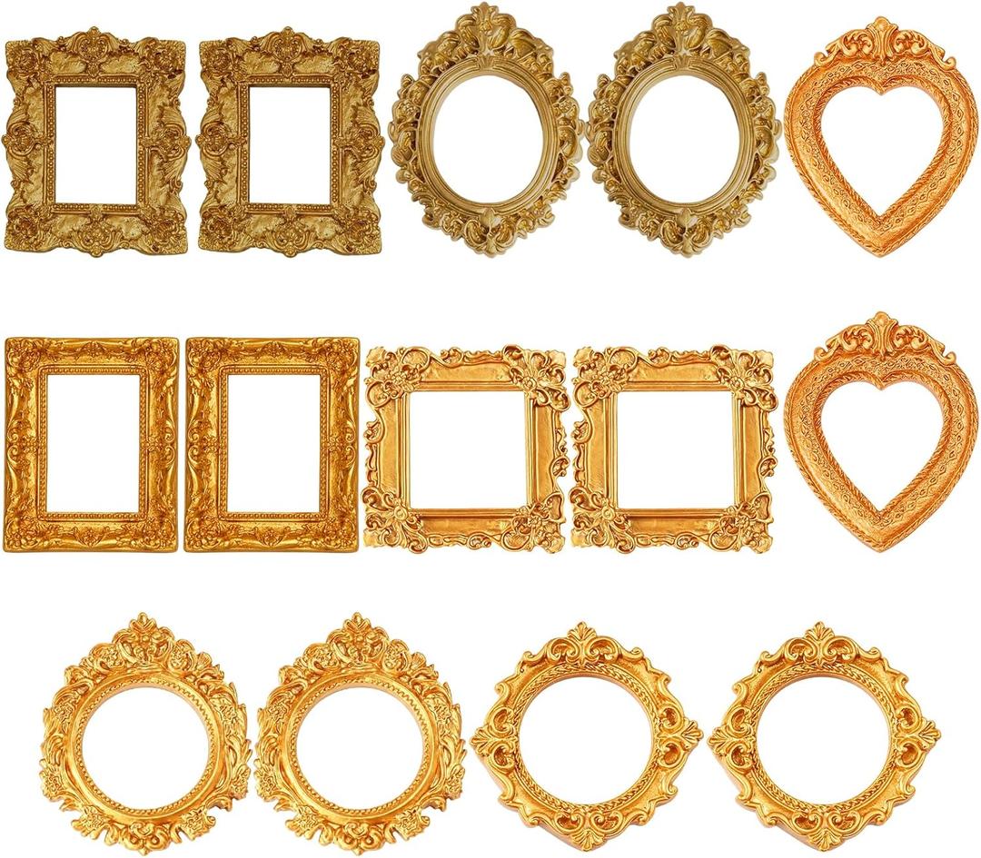 Dovbuqu 14 PCS Mini Gold Picture Frames, Mini Picture Frames, Vintage Resin Frames for DIY Crafts and Home Decor, 7 Distinct Styles with Baroque Design Elements for Creative Displays