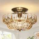 Semi Flush Mount Ceiling Light,11IN Vintage Gold Hallway Lights Fixture,3-Bulb Globe Amber Glass Close to Ceiling Light for Bathroom, Hallway, Dining Room,Bulb Not Included