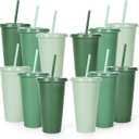 Whaline 12Pcs Sage Green Plastic Cups with Flat Lids and Straws, 24 Oz Gradient Green Reusable Tumbler Travel Mug Cup Party Drinkware Decor for Iced Coffee Beverage Drinks Party Supply
