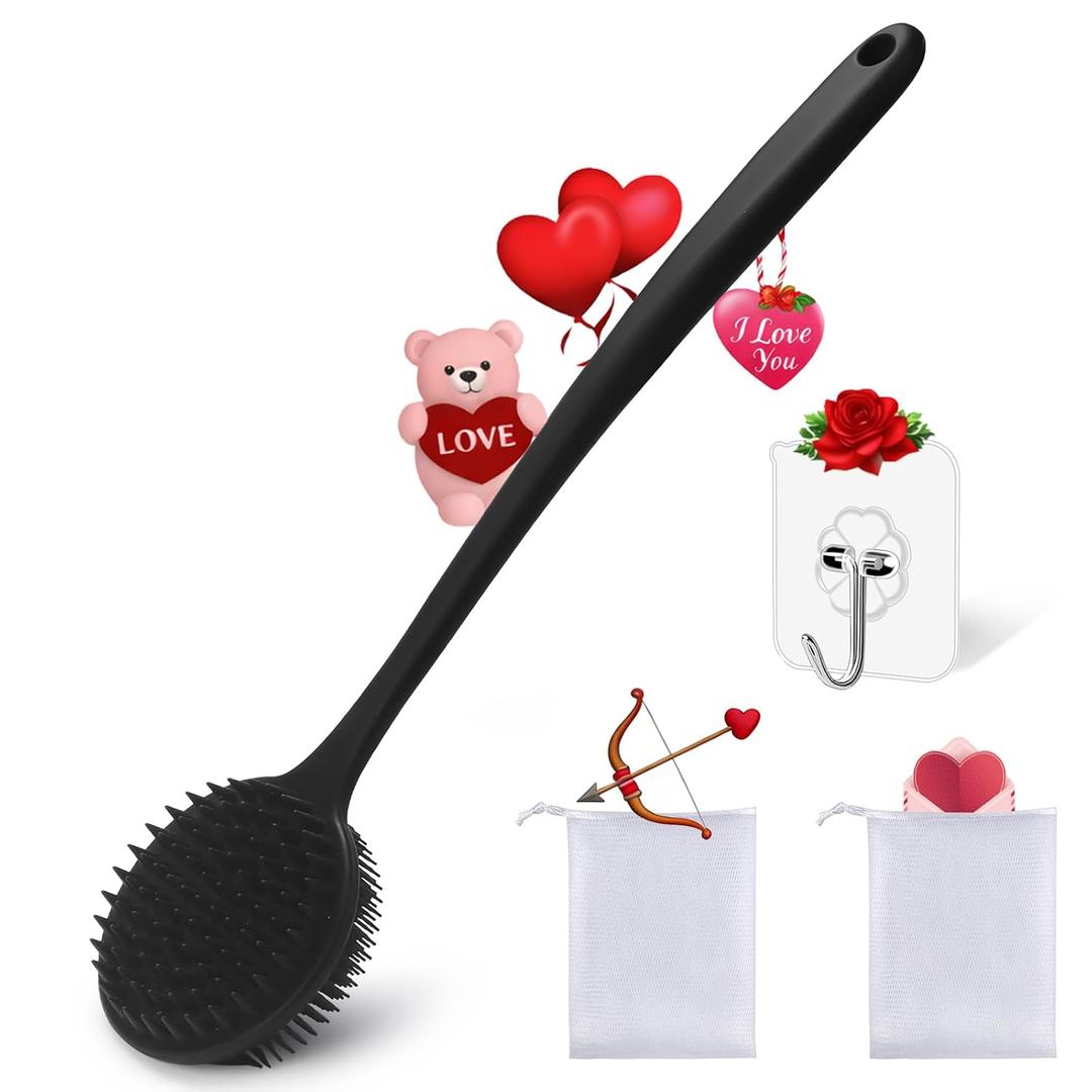Silicone Body Scrubber for Shower Men Women  Dual-Sided Exfoliating & Massage Shower Brush with Long Handle, Creates Rich Lather, Includes 1 Hook & 2 Lather Balls (Black).