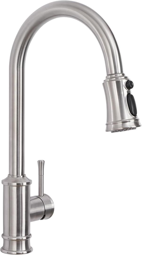 Brushed Nickel Kitchen Faucet with Pull Down Sprayer, Vintage 3 Mode Sprayer Kitchen Sink Faucet for Praticial Use, Antique Farmhouse Style, Deck Mount