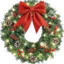 Christmas Wreath, Pre-Lit Artificial Christmas Wreath, Decorated with Pine Cones, Red Berries, Cotton, 50 LED Lights, for Indoor and Outdoor Christmas Decorations16 Inches (Bow Style)