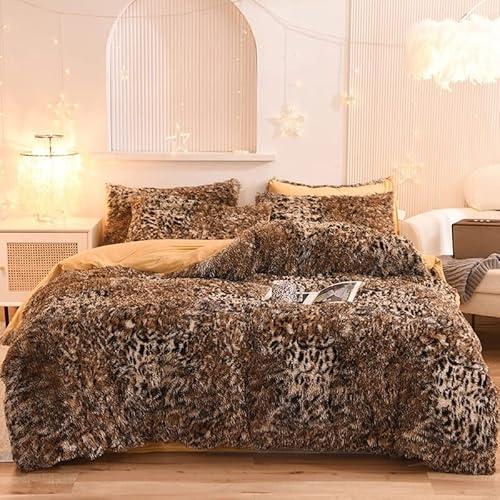 XHHBS 3 Pcs Shaggy Comforter Set Winter Faux Fur Comforter Set Luxury Plush Bedding Set Warm Super Fleece Velvet Flannel(Color:Leopard,Size:Queen)
