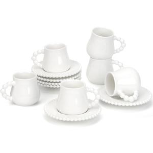 Hebaogugu Coffee Cup Set of 6 with Saucers, 3.5 OZ Ceramic Espresso Cups, Elegant Deco Turkish Coffee Cup Gift for Cappuccino, Latte, Cafe Mocha and Tea, Dishwasher & Microwave Safe (Pearl White)