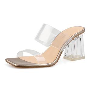 BCTEX COLL Women's Clear Heeled Sandals Transparent Two Strap Square Toe Slip On Chunky Block Heels Dress Shoes, Rose Gold, Size 8.5