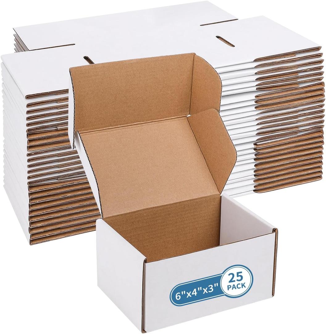 Fishat Small 6" x 4" x 3" White Corrugated Cardboard Shipping Boxes Set of 25, Heavy-Duty Mailing Box for Business, Packing, Literature Mailer and Storage