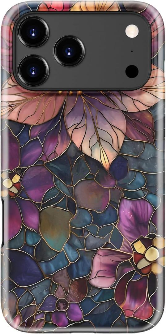 for iPhone 17 Pro Case Cute - Wireless Charging Compatible - Dual-Layer Hard Shell + Silicone Cover - Aesthetic Protective Trendy Phone Case for Women - Purple Flower Leaves